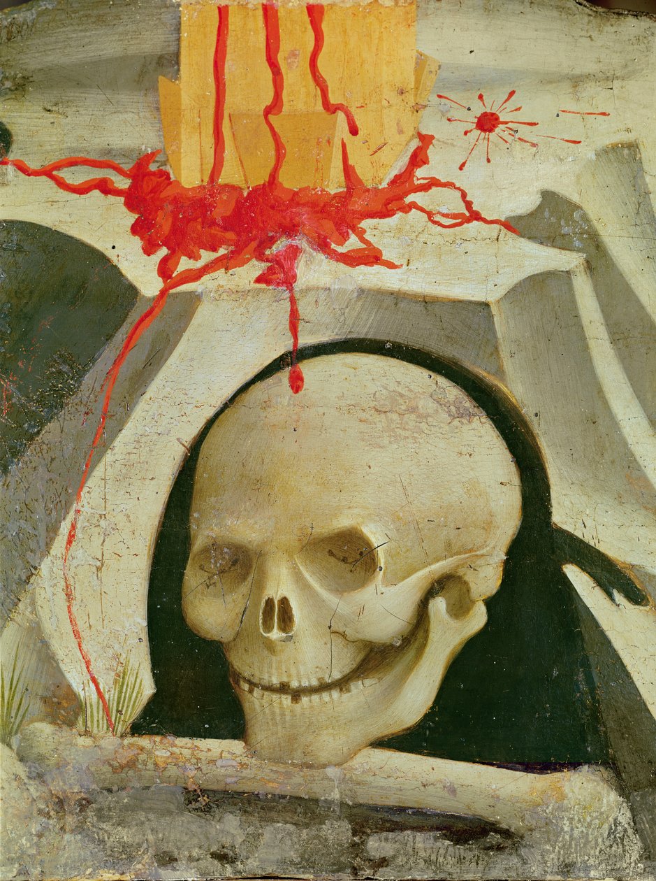 Detail ukřižování a svatých lebky u paty kříže olej na dřevě od Fra Angelico