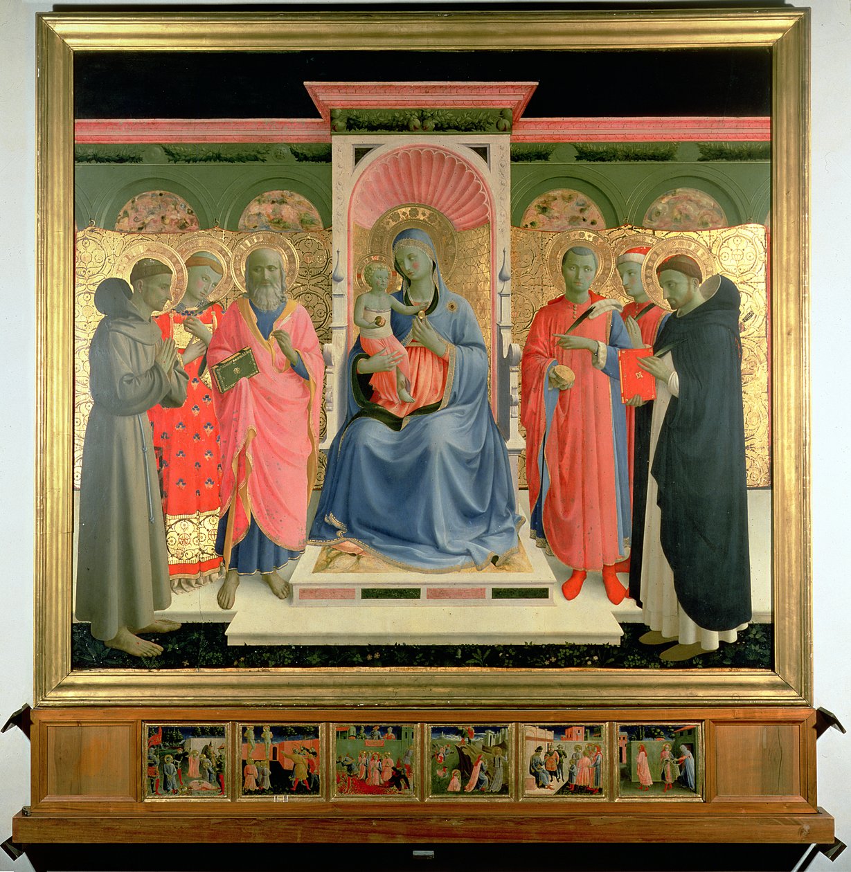 Detail z oltářního obrazu Annalena zobrazující Pannu Marii s dítětem se sv. Petrem mučedníkem, sv. Kosmou, sv. Damiánem, sv. Janem Evangelistou, sv. Vavřince a sv. Františkem (tempera a plátkové zlato na panelu od Fra Angelico