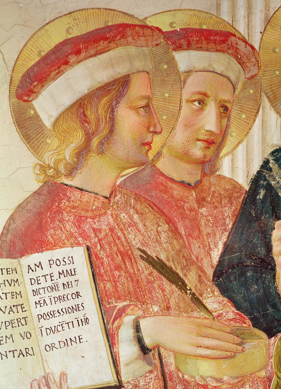 Madona ze stínu neboli Panna s dítětem mezi svatým Dominikem, Kosmou, Damienem, Markem, Janem Evangelistou, Tomášem Akvinským, Vavřincem a Pierrem mučedníkem zleva doprava detail svatého Kosmy od Fra Angelico