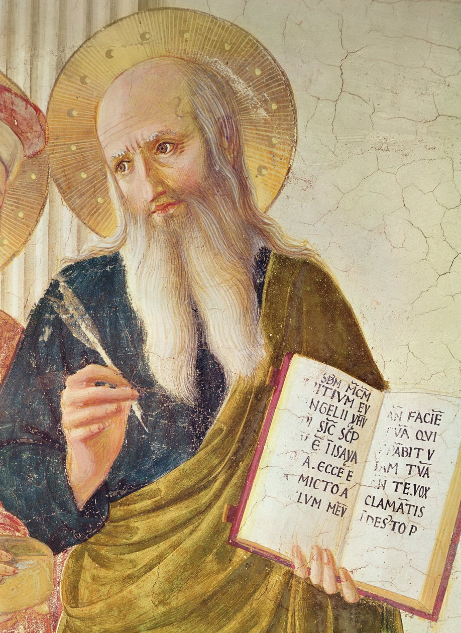 Madona ve stínu nebo Panna s dítětem mezi svatým Dominikem, Kosmou, Damienem, Markem, Janem Evangelistou, Tomášem Akvinským, Vavřincem a Pierrem mučedníkem zleva doprava detail svatého Marka fr. od Fra Angelico