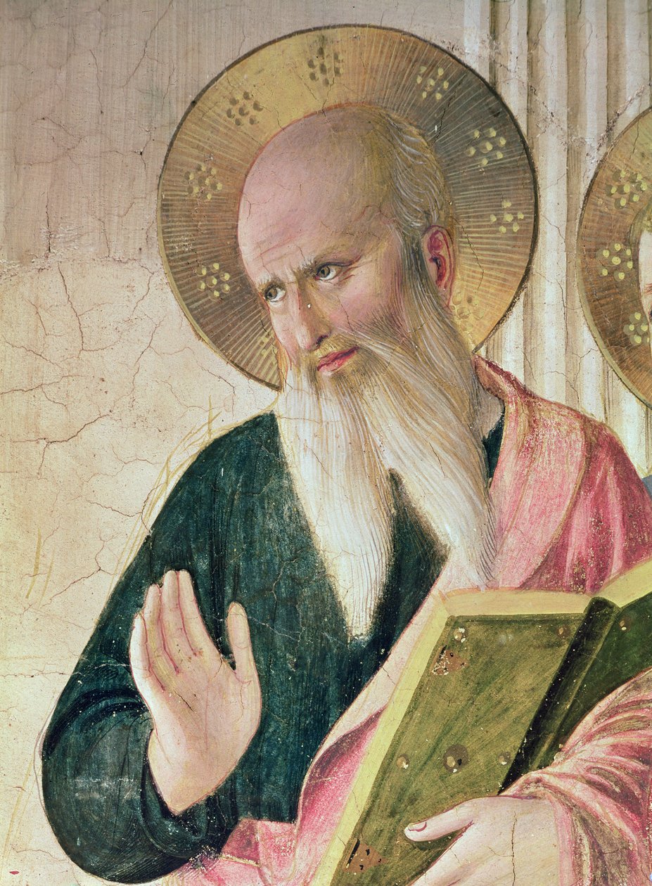 Madona ze stínu neboli Panna s dítětem mezi svatým Dominikem, Kosmou, Damienem, Markem, Janem Evangelistou, Tomášem Akvinským, Laurencem a Pierrem mučedníkem zleva doprava detail svatého Jana č. od Fra Angelico