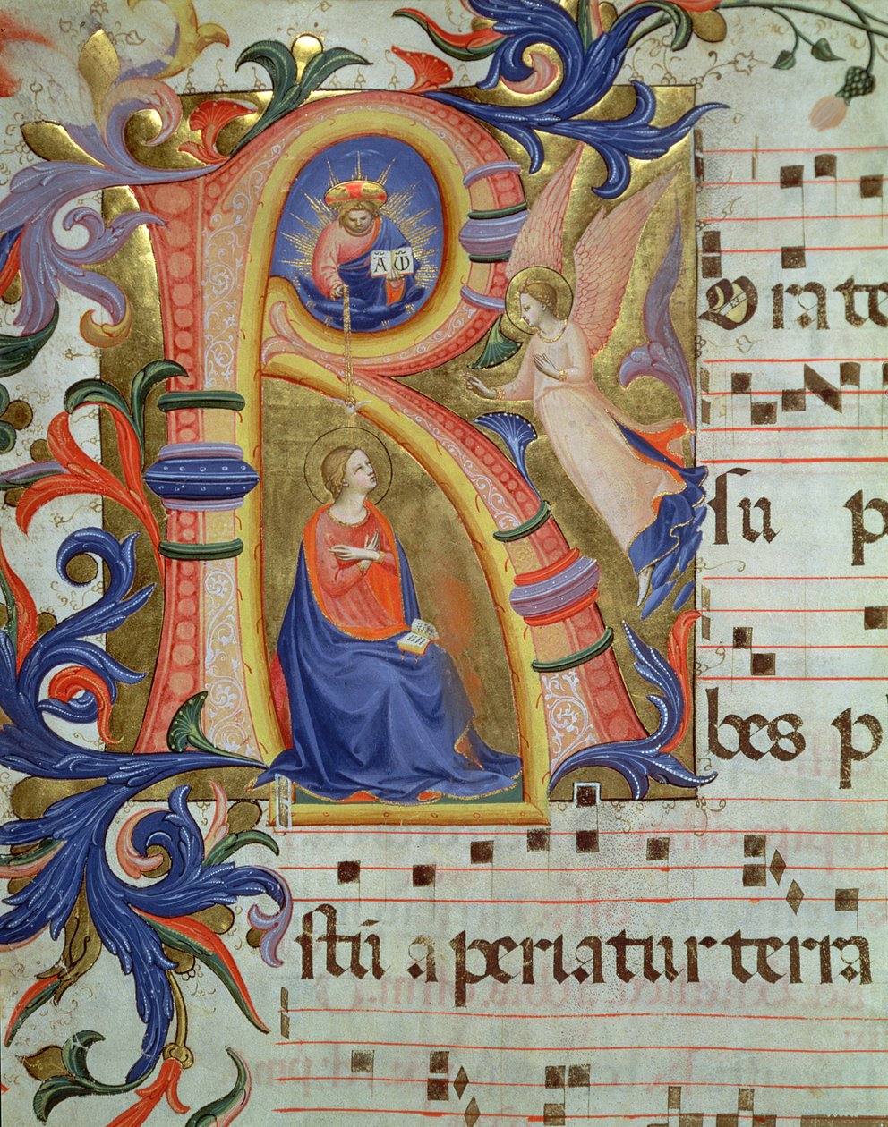 Ms 558 f.33v Zvěstování zobrazené v historické iniciále „R“, detail z misálu, počátek 30. let 14. století (podrobnosti viz 88933) od Fra Angelico
