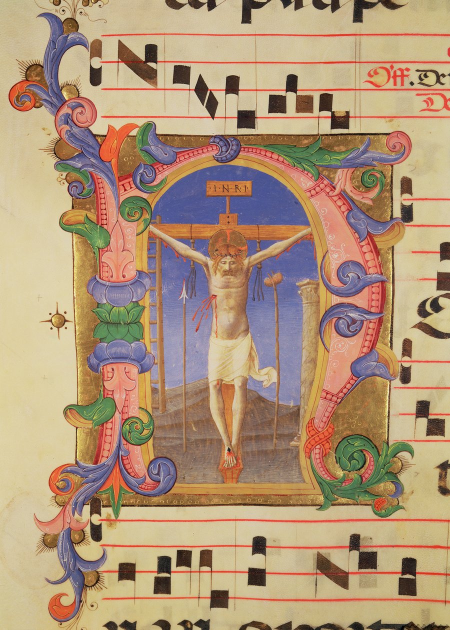 Ms 558 f.45v Ukřižování zobrazené v historické iniciále 