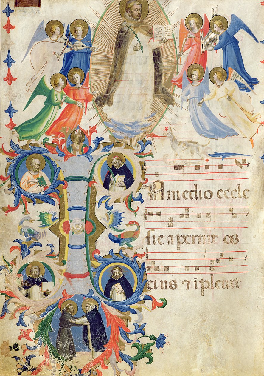 Ms 558 f.67v Stránka zobrazující svatého Dominika a historickou iniciálu „Já“ z postupné knihy ze San Marco e Cenacoli (podrobnosti viz 88937) od Fra Angelico