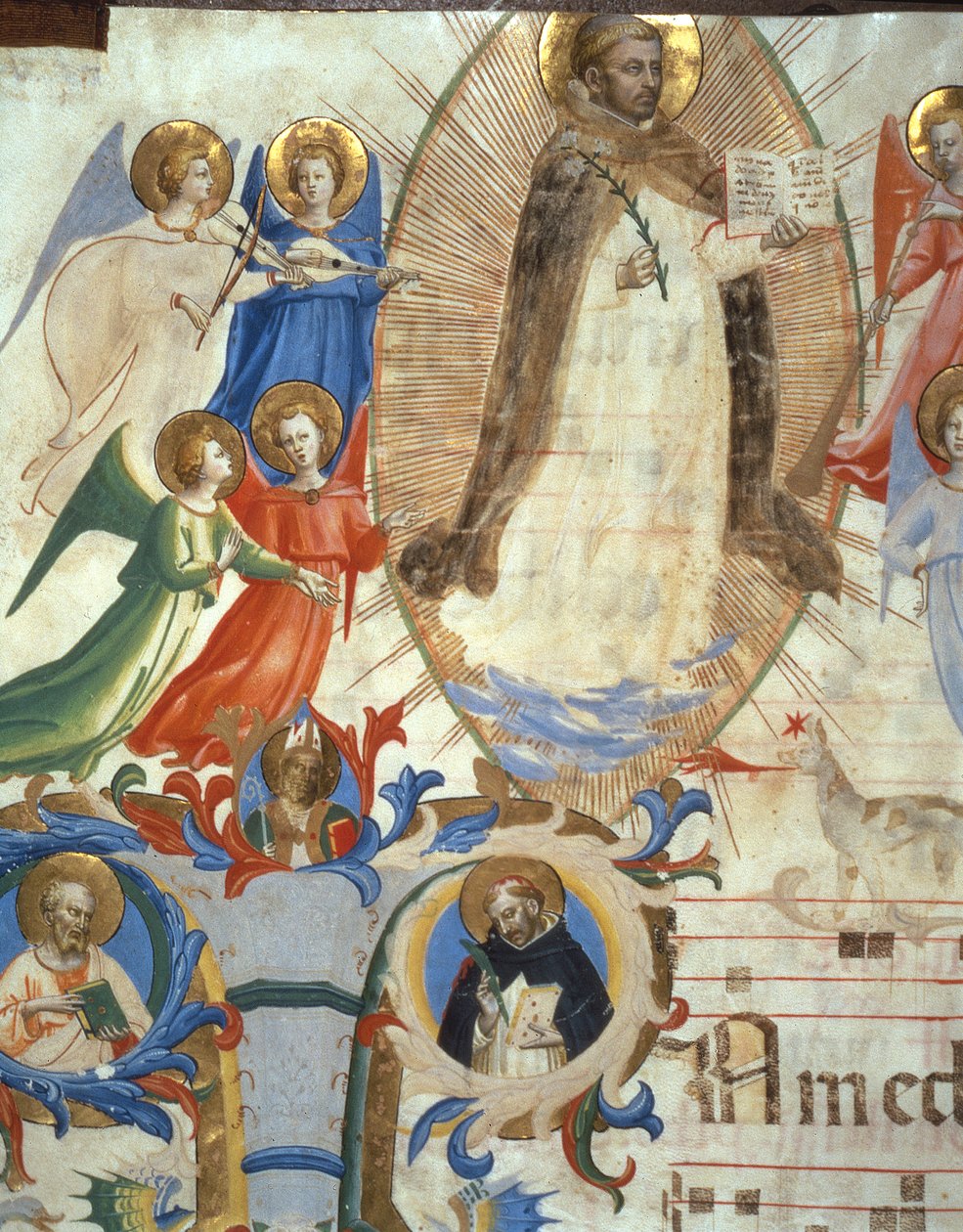 Ms 558 f.67v St. Dominic obklopený hudebními anděly, detail z misálu, pergamenový detail z počátku 30. let 14. století z 88937 od Fra Angelico