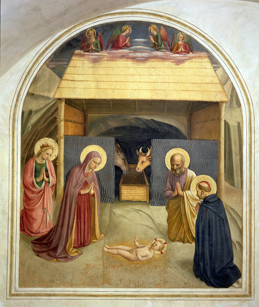 Narození Páně se svatou Kateřinou Alexandrijskou a svatým Petrem Mučedníkem, 1442 od Fra Angelico