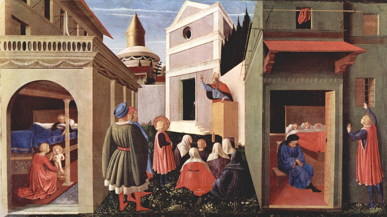 Panel predelly triptychu od San Domenica v Perugii o životě svatého Mikuláše z Bari, scéna od Fra Angelico