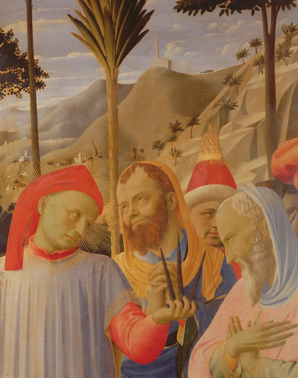 Oltář Santa Trinita, detail zobrazující skupinu mužů, možná včetně Nikodéma a Josefa z Arimatie, kolem roku 1434 (tempera a zlato na panelu) od Fra Angelico