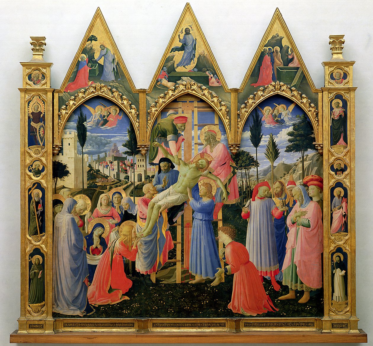 Oltářní obraz Santa Trinita, rám a jehlany od Lorenza Monaca (Piero di Giovanni) (asi 1370-1425) dokončeno asi 1434 (tempera a zlato na desce) od Fra Angelico