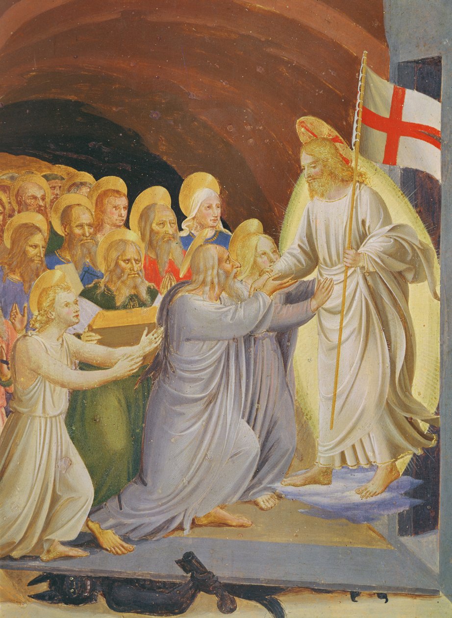 Scény ze života Krista, 3. panel zobrazující sestup do limuzíny detail skupiny před Kristem, tempera na dřevě 1450-3 od Fra Angelico