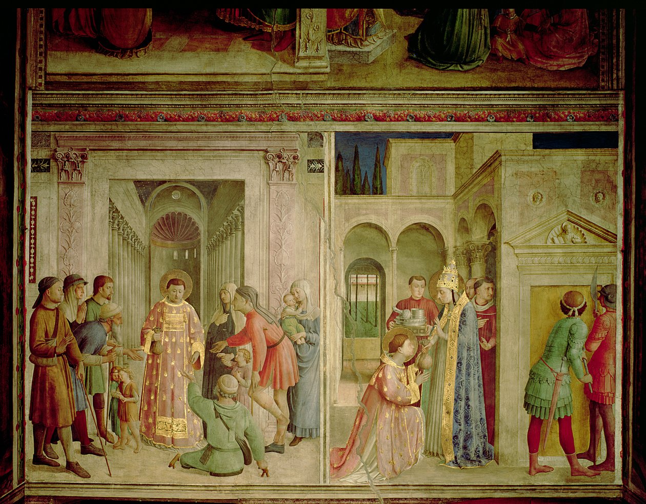 Svatý Vavřinec přijímá poklady církve a svatý Vavřinec rozdává almužnu od Fra Angelico