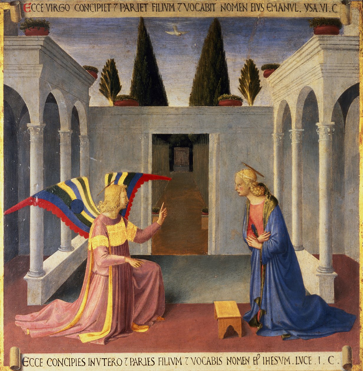 Zvěstování, detail z prvního panelu Stříbrné pokladnice Santissima Annunziata, kolem 1450-53 (tempera na panelu) od Fra Angelico
