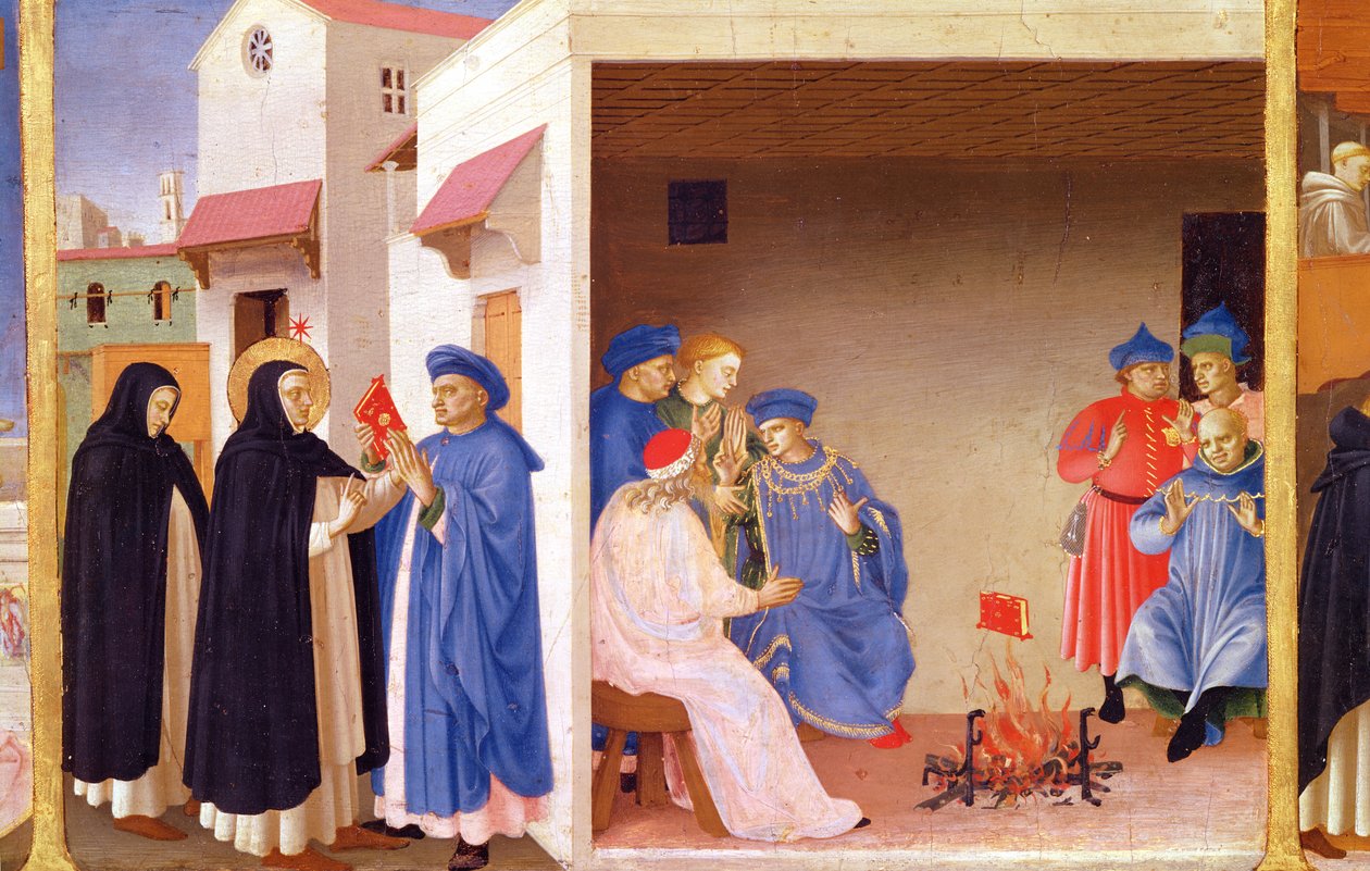 Korunovace Panny Marie, detail sv. Dominika, který vrací knihu albigenským, kolem 1430-32 (tempera na desce) od Fra Angelico