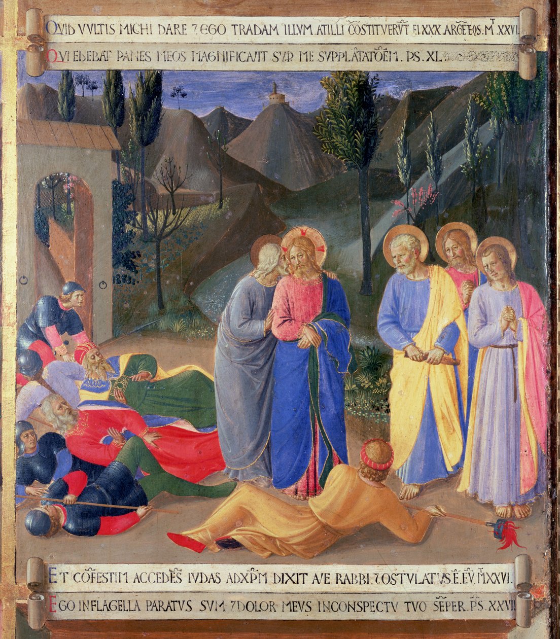 Jidášův polibek, detail z panelu tři Stříbrného pokladu Santissima Annunziata, kolem 1450-53 (tempera na panelu) od Fra Angelico