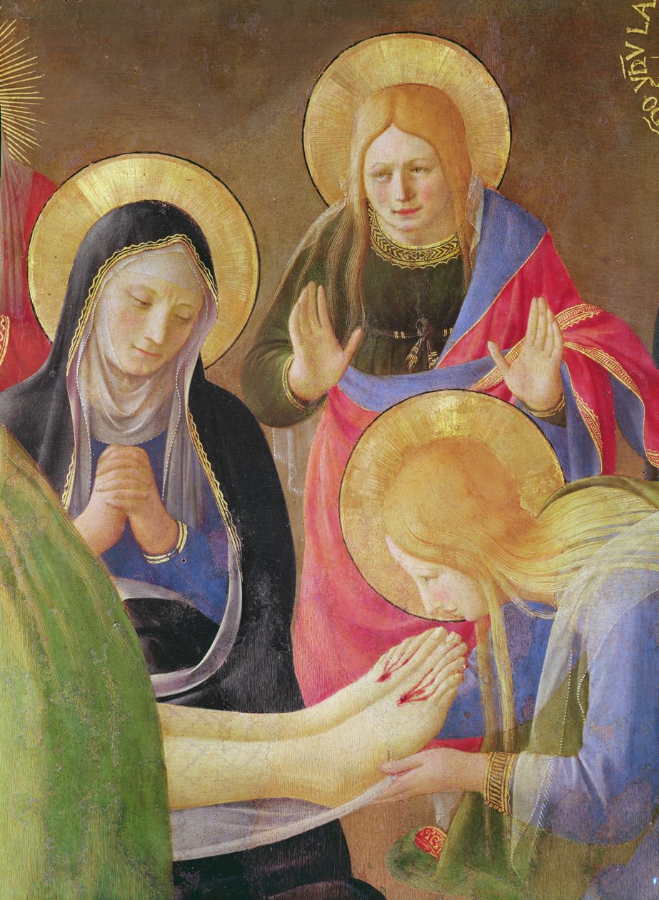 Oplakávání Krista detail Marie Magdalény líbající Kristovy nohy, 1436 tempera na dřevě od Fra Angelico