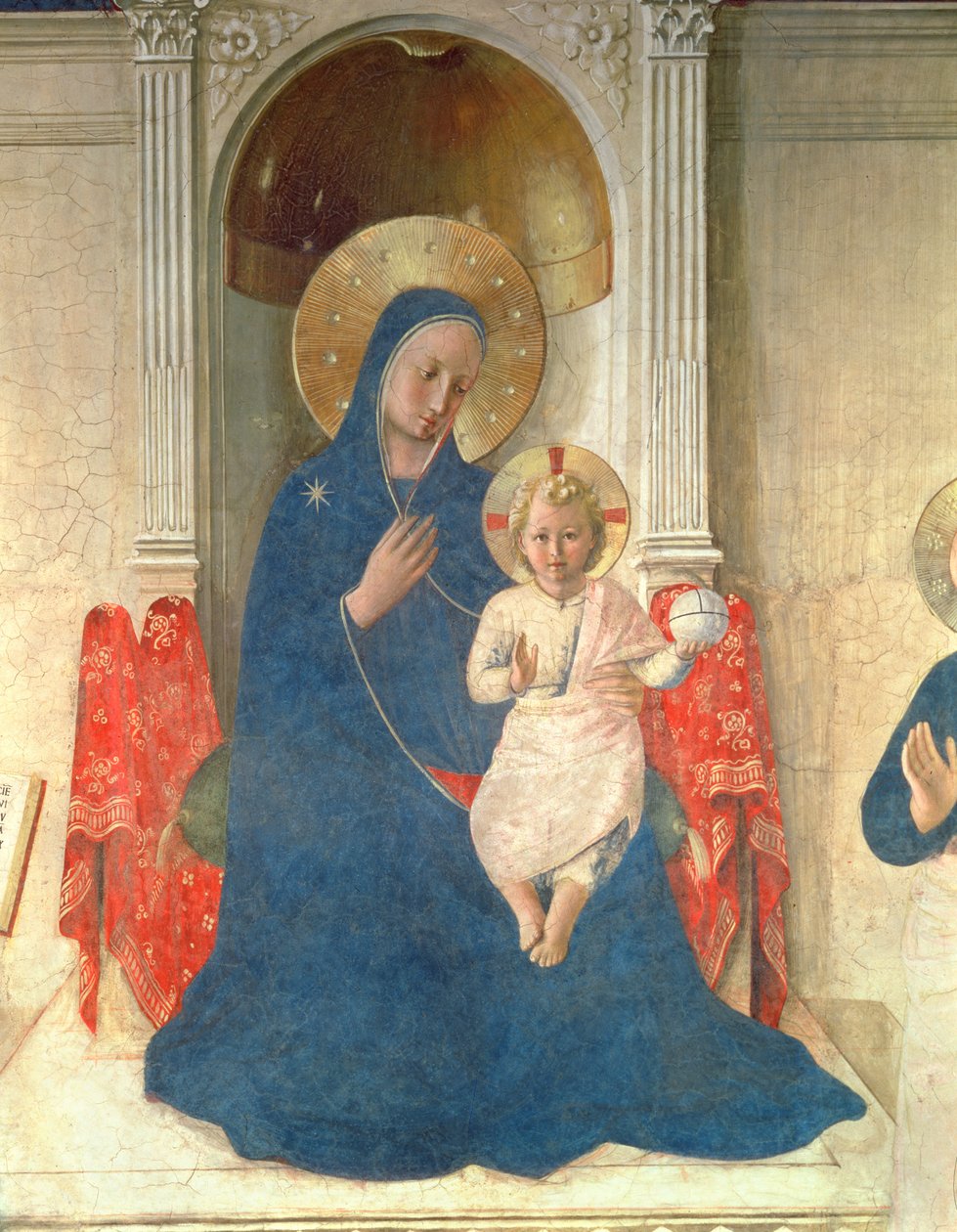 Panna a dítě na trůnu, detail Madonna delle Ombre, freska z roku 1450 od Fra Angelico