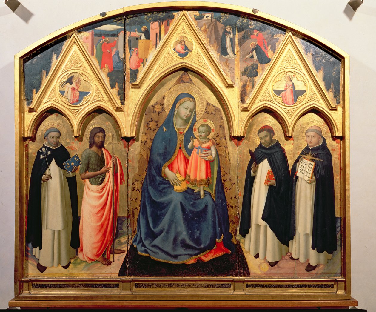 Panna s dítětem se svatým Janem Křtitelem, svatým Dominikem, svatým Petrem Mučedníkem a svatým Tomášem Akvinským (tempera na desce) od Fra Angelico