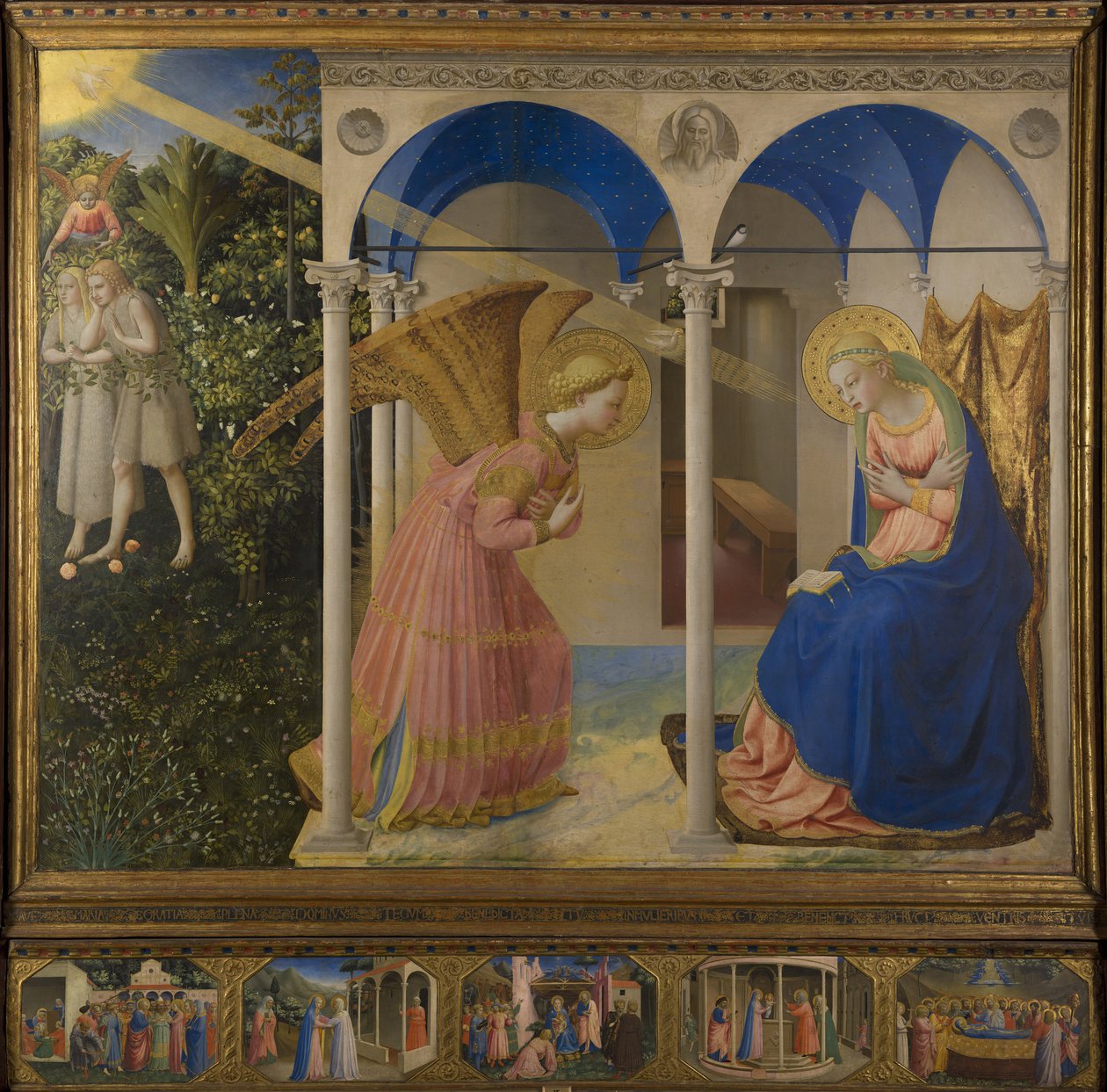 Zvěstování Marii, oltářní obraz s 5 panely predelly ze života Marie, hlavní panel, scéna od Fra Angelico