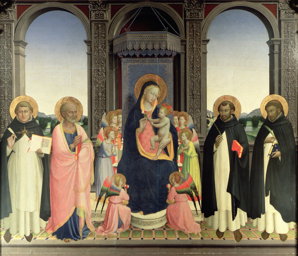 Panna a dítě na trůnu s anděly a svatým Tomášem Akvinským, svatým Barnabášem, svatým Dominikem a svatým Petrem mučedníkem, kolem 1422 (tempera na panelu) (viz 238446 a 43913) od Fra Angelico