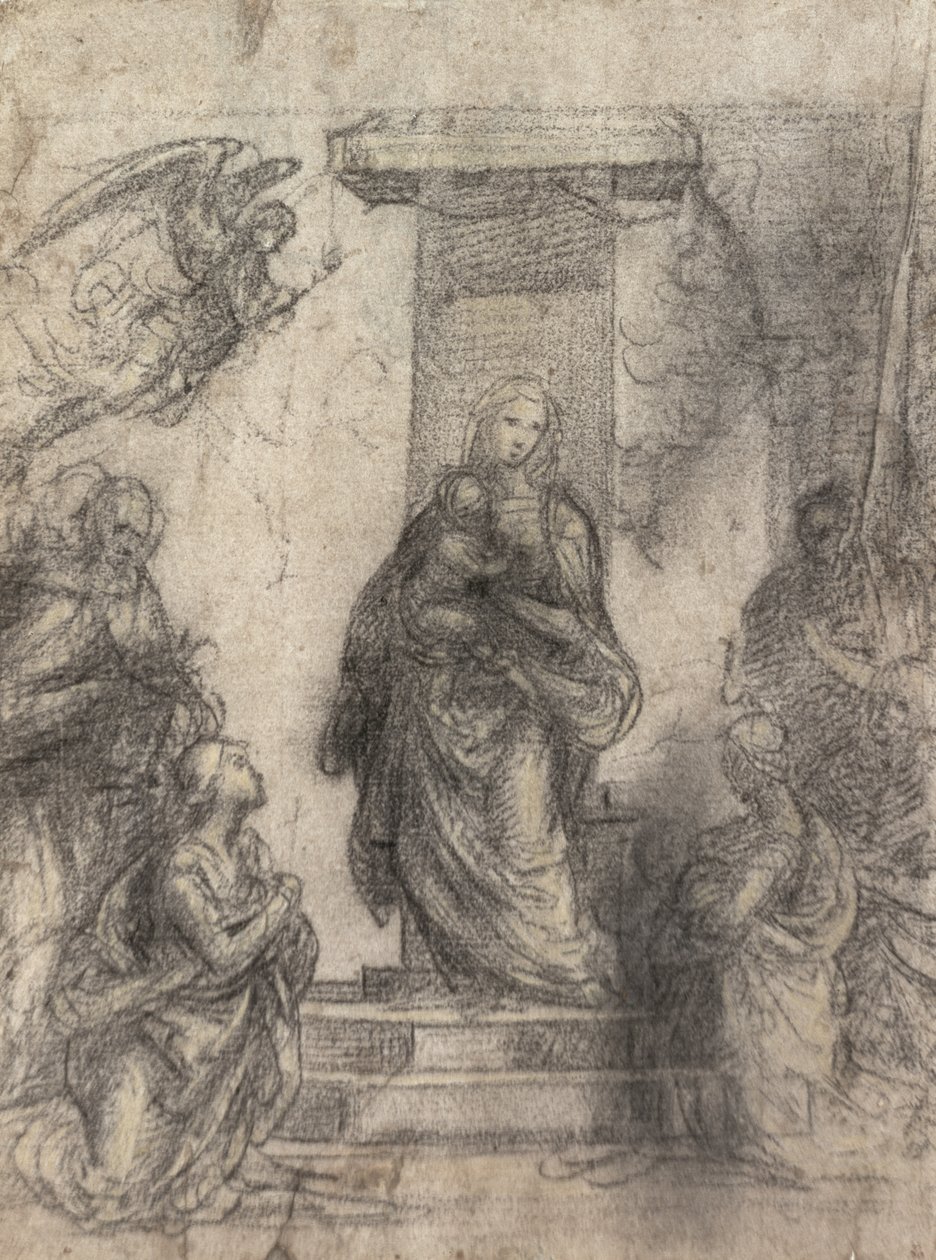 Madona s dítětem se svatými (recto) (černá a žlutá křída zvýrazněná bílou na papíře) (viz obr. 152659) od Fra Bartolommeo