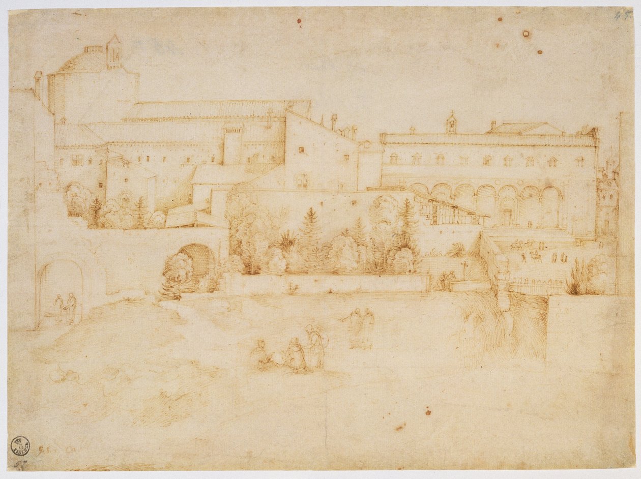 Pohled na kostel a klášter Santa Croce, Florencie (hnědý inkoust na papíře) od Fra Bartolommeo