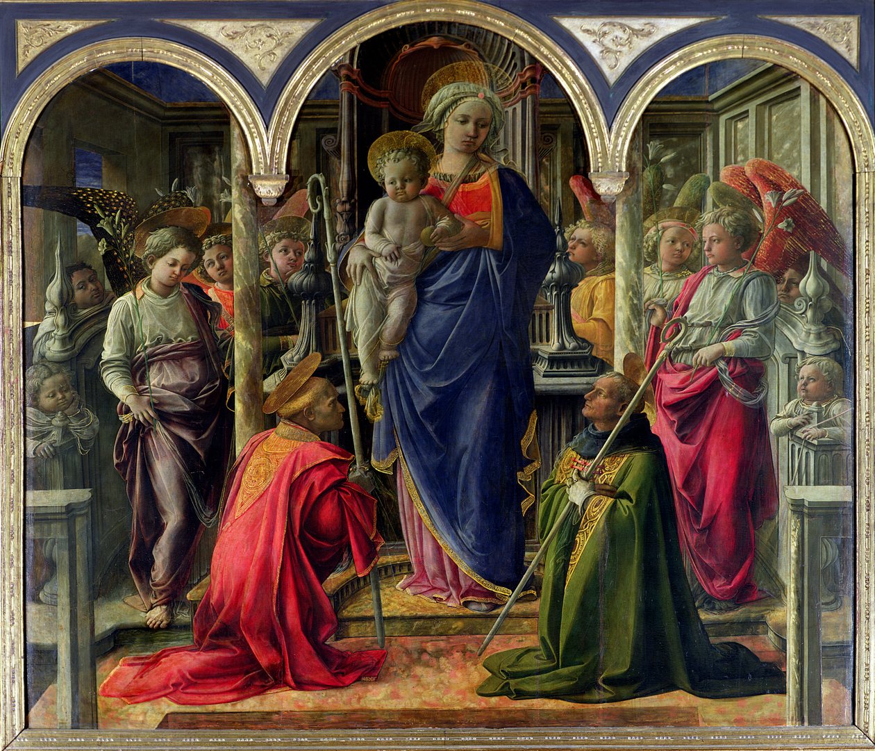 Oltář Barbadori: Panna a dítě obklopené anděly se sv. Fredianem a sv. Augustinem, 1437 od Fra Filippo Lippi