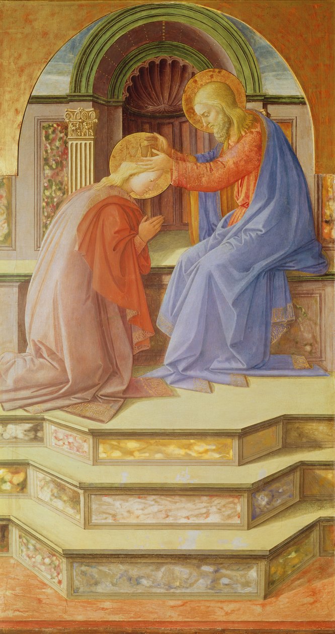Triptych zobrazující Korunovaci Panny Marie, centrální panel: Korunovace Panny Marie, 1441 (tempera na dřevě) od Fra Filippo Lippi