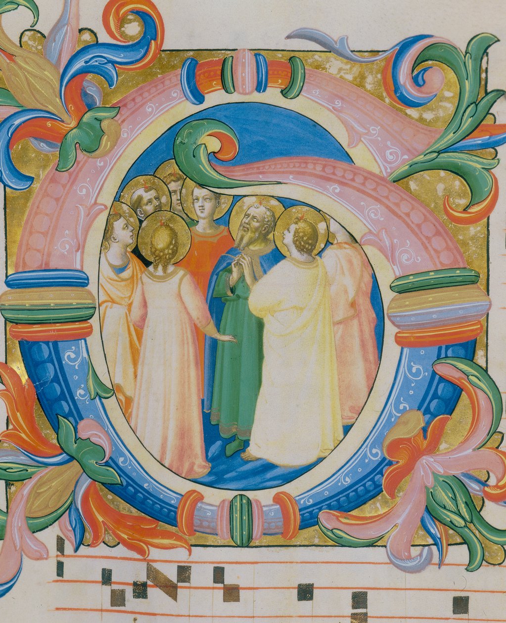 Skupina světců, ilustrovaná miniatura v misálu (c. 9, verso), od Fra Angelico