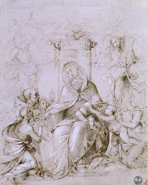 Madona s dítětem na trůnu se sv. Janem Křtitelem v podání anděla a sv. Moniky (pero a inkoust na papíře) od Fra Bartolomeo