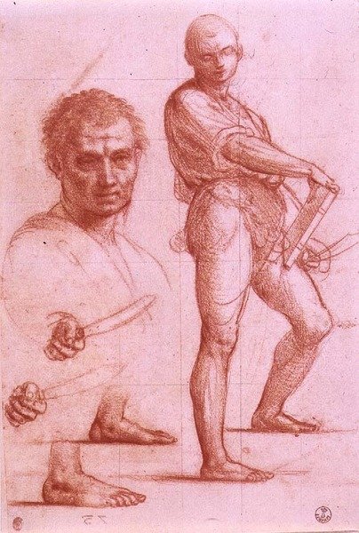 Studie muže držícího meč a knihu, dvakrát nacvičený meč a nohy a mužskou hlavu (křída na papíře) od Fra Bartolomeo