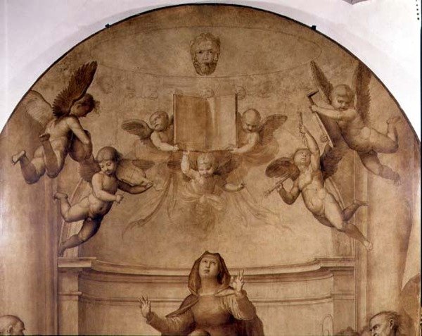 Oltář Velké rady, detail zobrazující hudební anděly držící knihu od Fra Bartolomeo