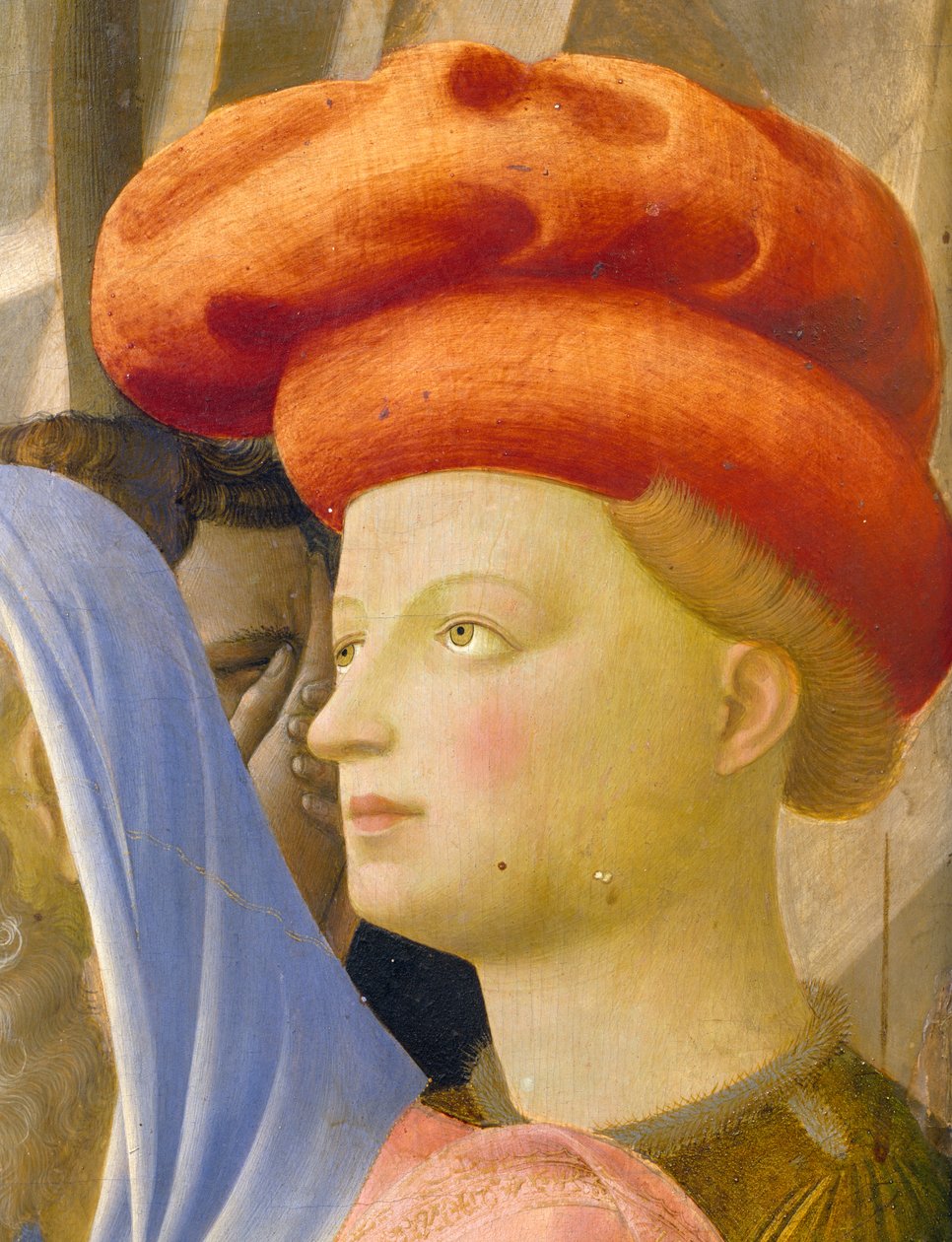 Mužská postava s červeným turbanem, detail z Depozice z kříže nebo oltářní obraz Nejsvětější Trojice, kolem 1432 (tempera na panelu) od Fra  Angelico