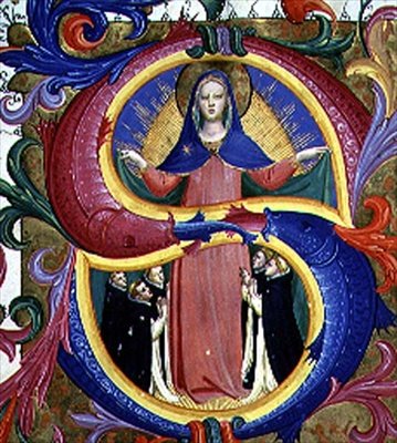 Ms 558 f.156v Historická iniciála „S“ zobrazující Pannu ukrývající prosebníky pod svým pláštěm, detail z misálu, začátek 30. let 14. století (vellum) (podrobnosti viz 78826 & 88941) od Fra (c.1387 1455) Angelico