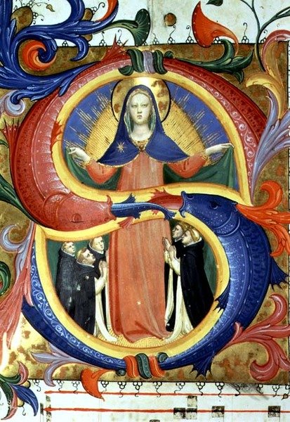 Ms 558 f.156v Historická iniciála „S“ zobrazující Pannu ukrývající prosebníky pod svým pláštěm, detail z misálu, začátek 30. let 14. století (vellum) (detail 88940) od Fra (c.1387 1455) Angelico