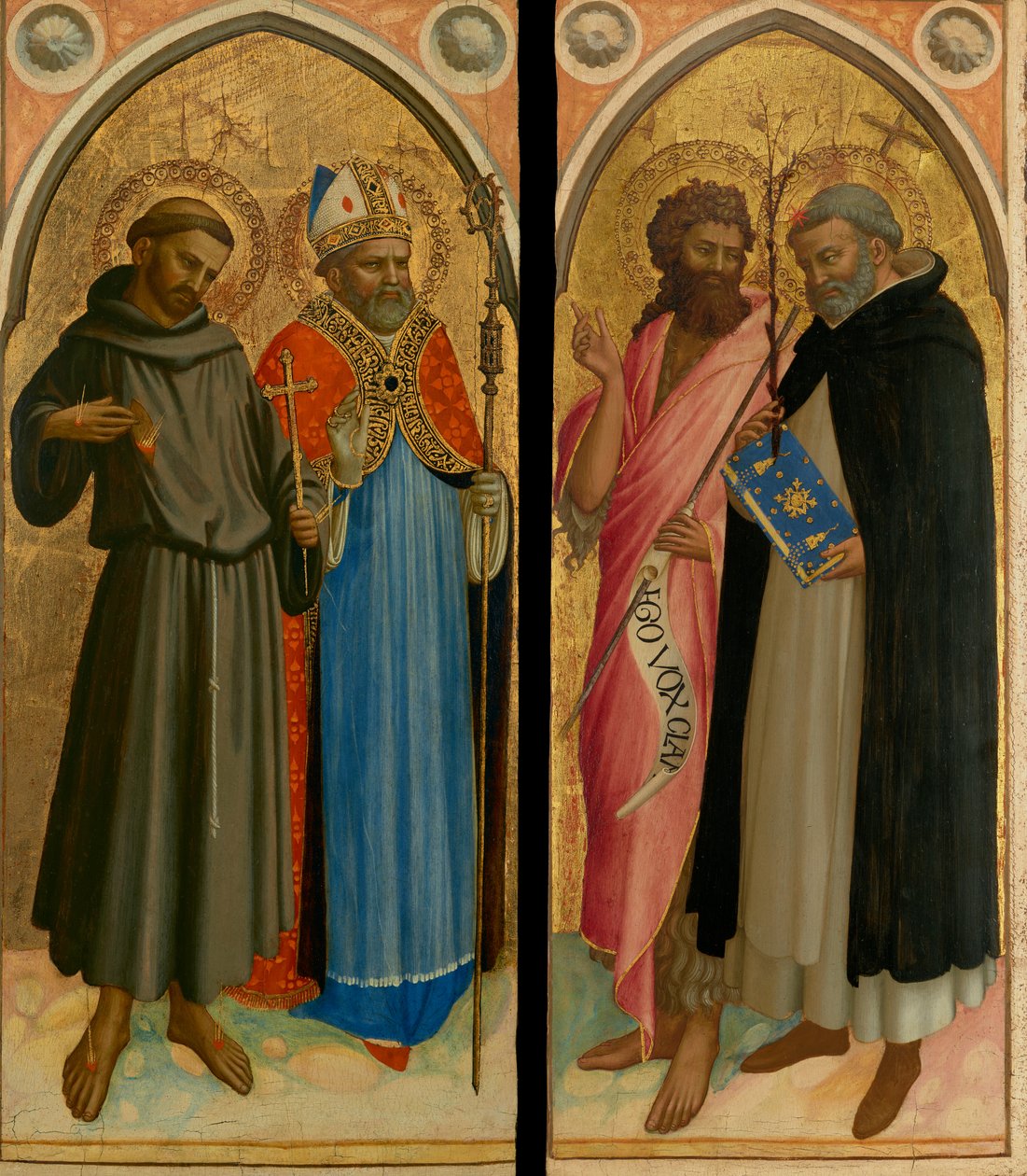 Svatý František a biskup, svatý Jan Křtitel a svatý Dominik, konec 20. let 14. století (tempera a plátkové zlato na desce) od Fra (c.1387 1455) Angelico