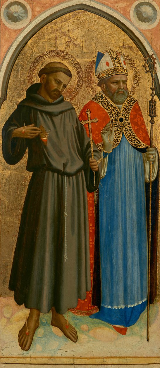 Svatý František a svatý biskup, konec 20. let 14. století (tempera a plátkové zlato na desce) od Fra (c.1387-1455) Angelico