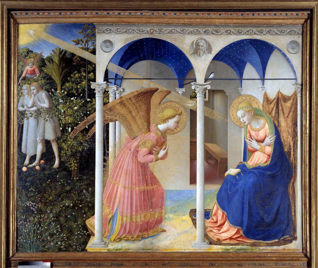 Zvěstování (v pozadí Adam a Eva vyhnaní z ráje), c. 1445 (tempera a zlato na panelu) od Fra (c.1387 1455) Angelico
