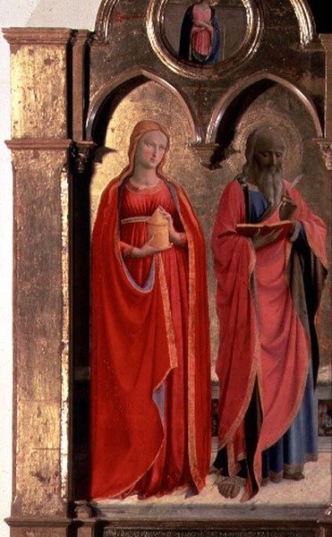 Panna a dítě trůnící se čtyřmi anděly, detail sv. Jana Evangelisty a Máří Magdalény, z Polittico di San Domenico (detail 43910) od Fra (c.1387 1455) Angelico