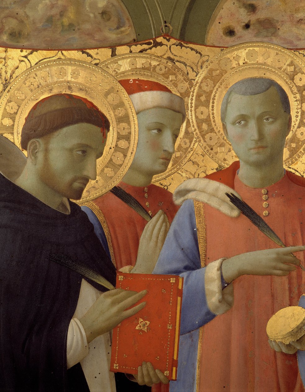 Detail oltářního obrazu Annalena: Portréty svatého Petra mučedníka, svatého Cosima (Come nebo Cosimo) a svatého Damiena (tempera na dřevě) od Fra  Angelico