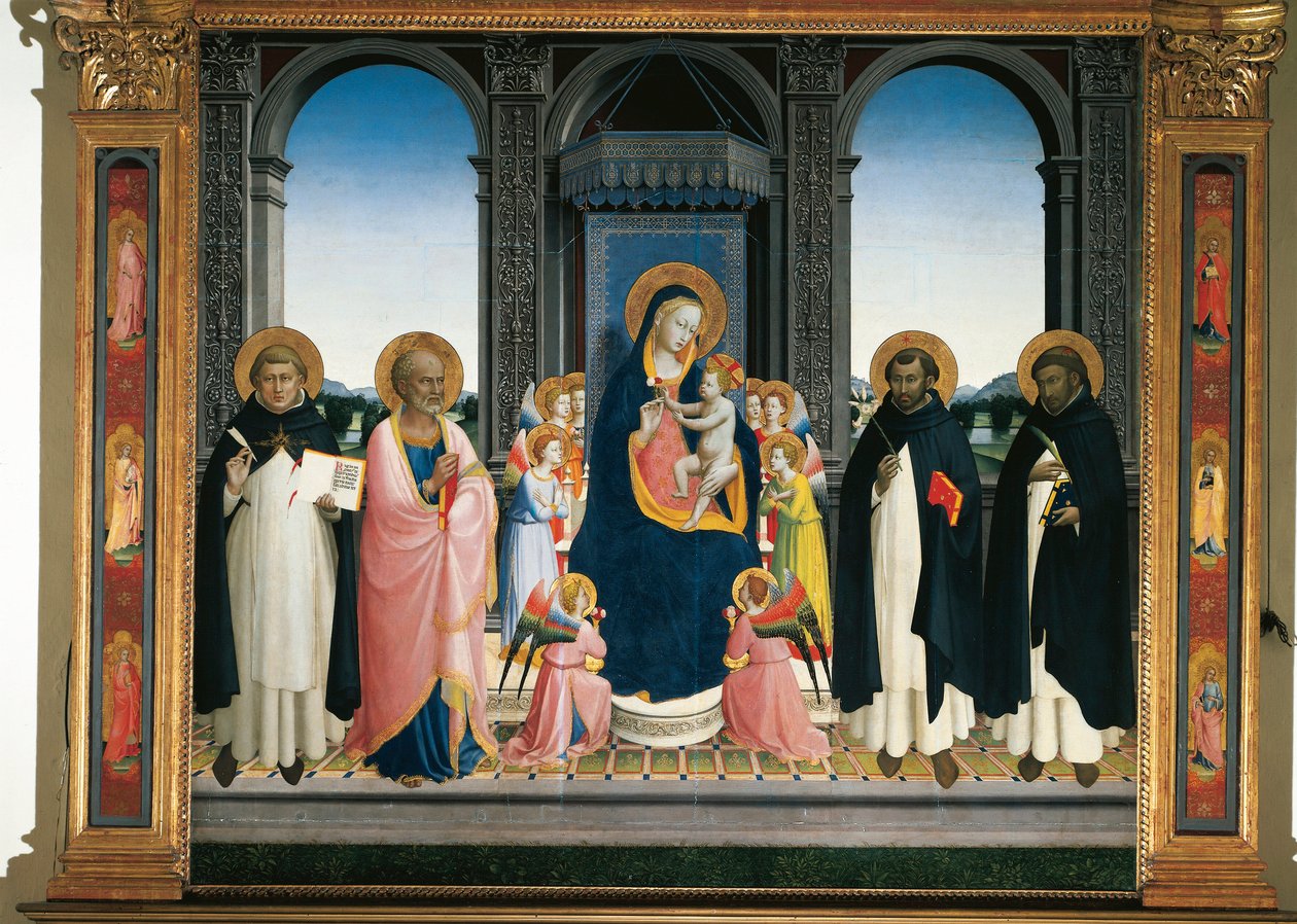Fiesolový oltářní obraz: Panna a dítě s anděly a čtyřmi svatými (malba na dřevě od Fra  Angelico