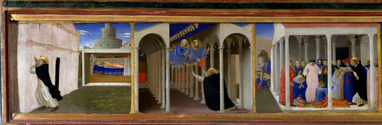 Zleva doprava sv. Dominika (1170-1221) a papež Innocent III. (1160-1216), zjevení sv. Petra a Pavla svaté Dominikě a scéna vzkříšení, kterou světec zázračně provedl““ Levá část preelle oltářního obrazu „“ The Coro od Fra  Angelico