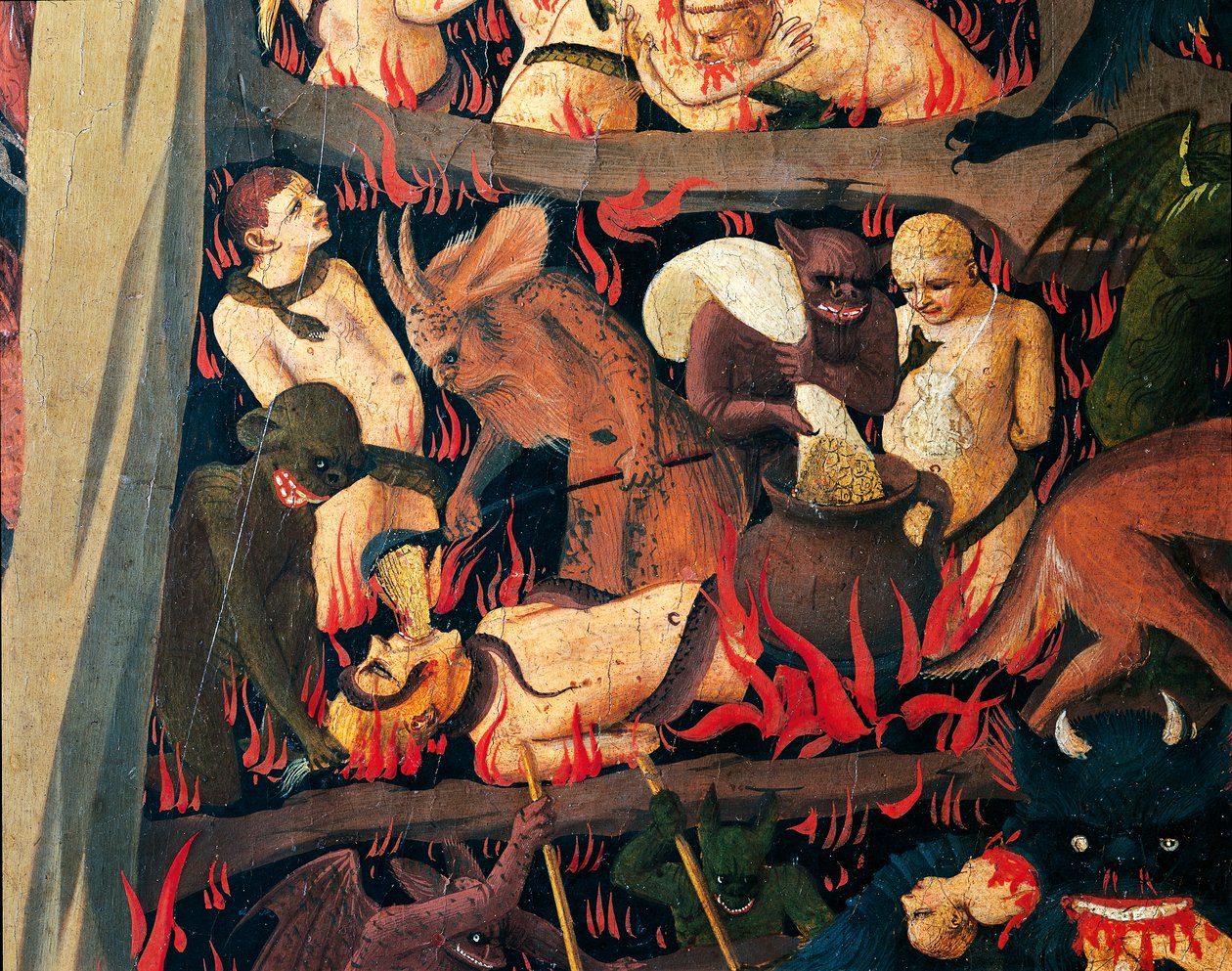 Peklo s démony trestající chamtivost, detail z Posledního soudu od Giovanniho da Fiesole známého jako Fra Angelico (1400-cca 1455), tempera na dřevě od Fra (c.1387 1455) Angelico