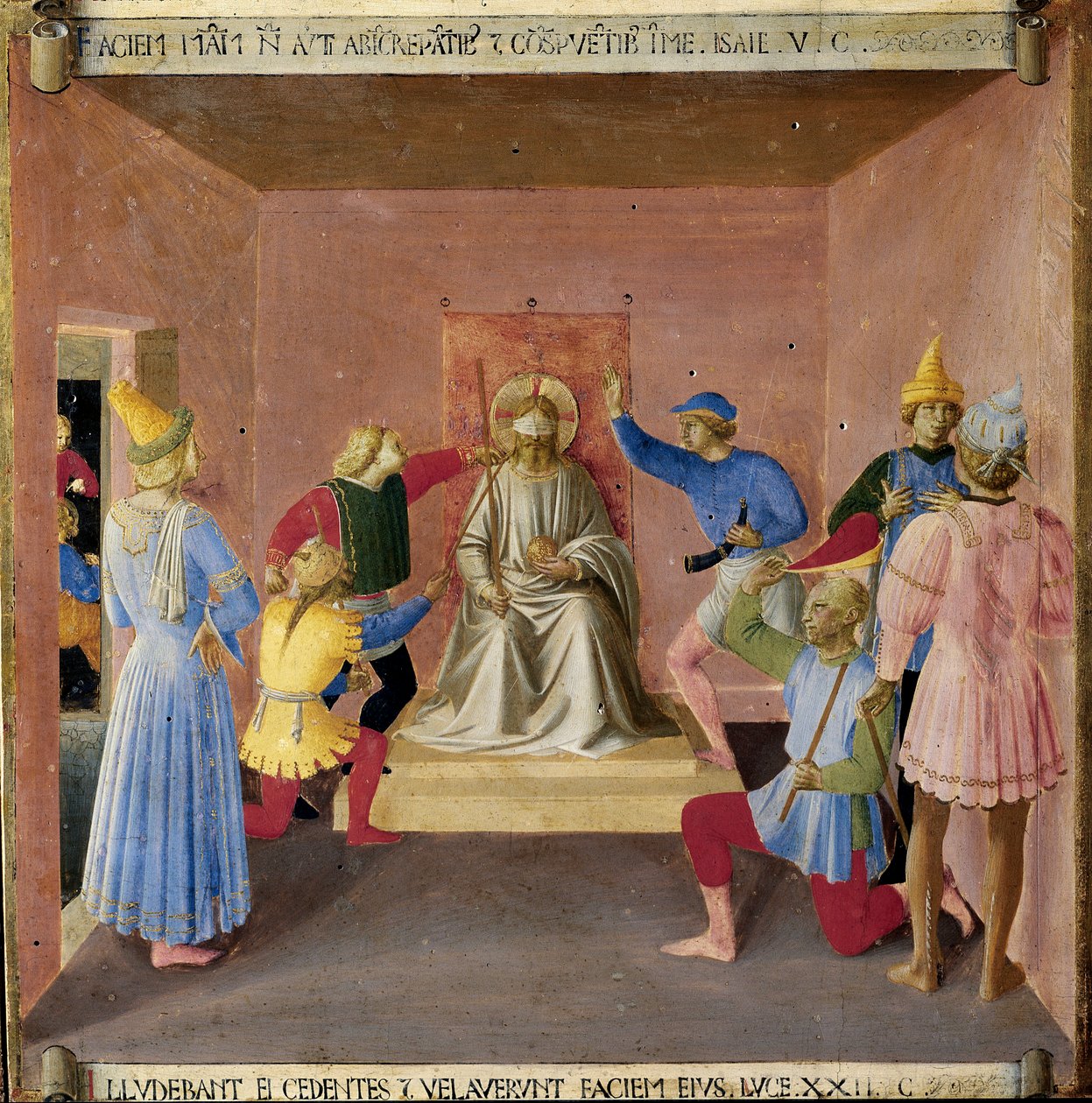 Ježíšovi se vojáci posmívali. Život Kristův, Armadio degli Argenti. (Tempera na dřevě od Fra  Angelico