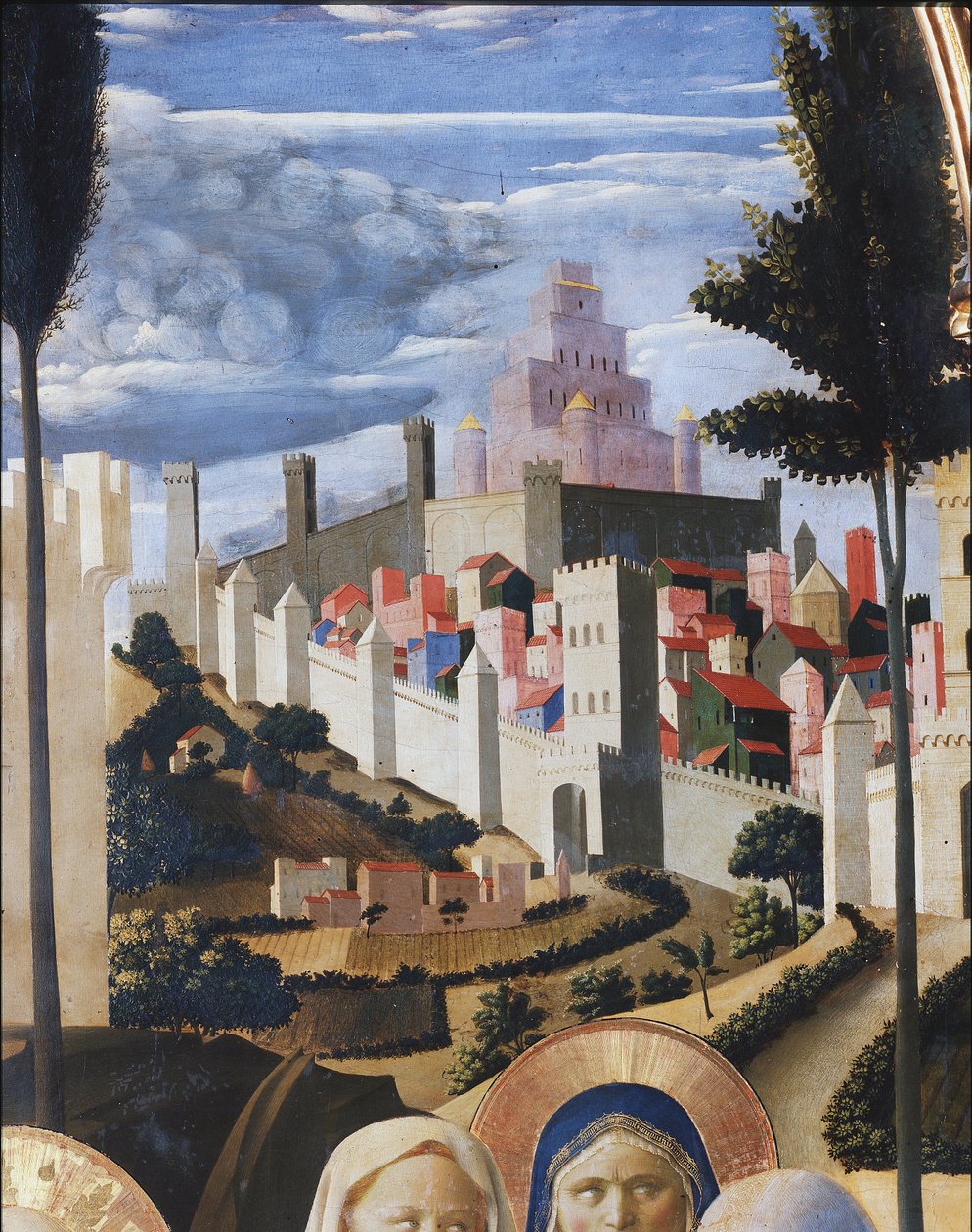 Krajina s výhledem na Jeruzalém a Šalamounův chrám. Detail Depozice Krista nebo oltář Nejsvětější Trojice (tempera na dřevě od Fra  Angelico