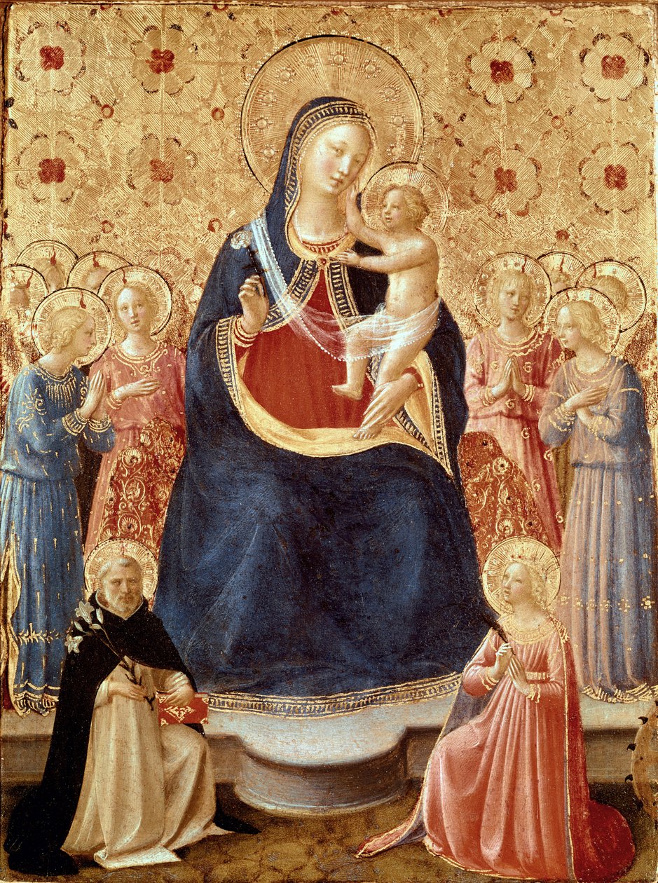 Madona s dítětem a anděly, svatý Dominik a svatá Kateřina Alexandrijská, kolem roku 1435 (tempera a zlato na desce) od Fra (c.1387 1455) Angelico