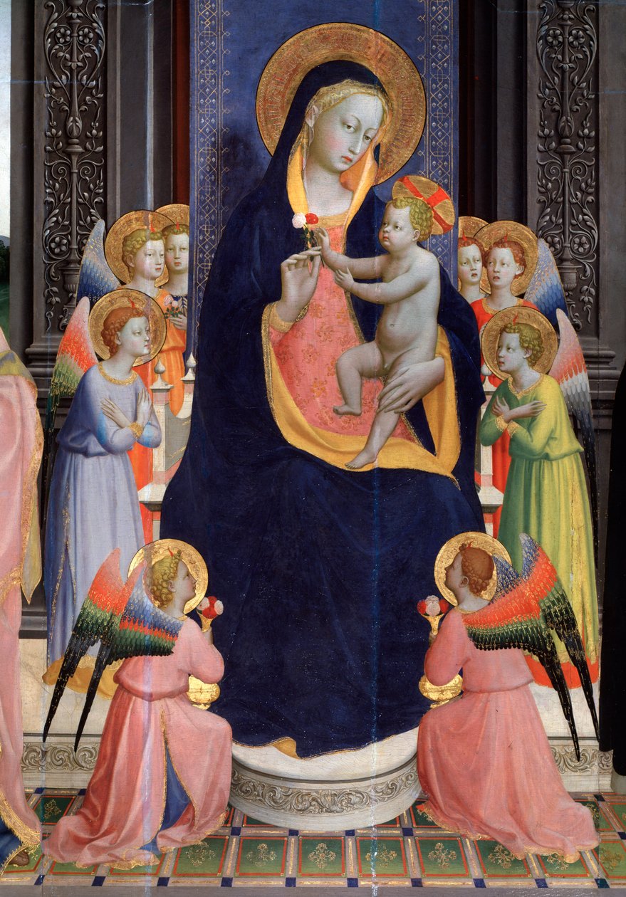Madonna a dítě s anděly. Detail oltářního obrazu svatého Dominika nebo Pala di Fiesole (tempera na dřevě, cca 1424-1428) od Fra  Angelico