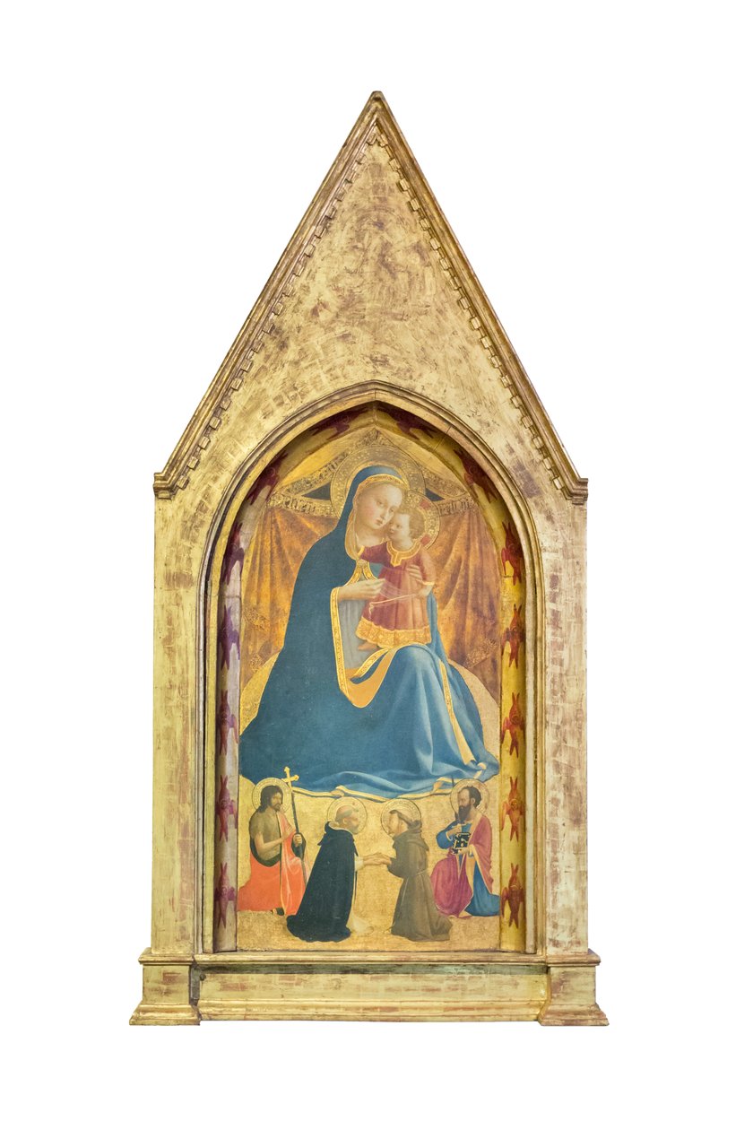 Madona pokory, sv. Jan Křtitel a Pavel: setkání sv. Dominika a Františka z Assisi (tempera a zlato na desce) od Fra (c.1387 1455) Angelico
