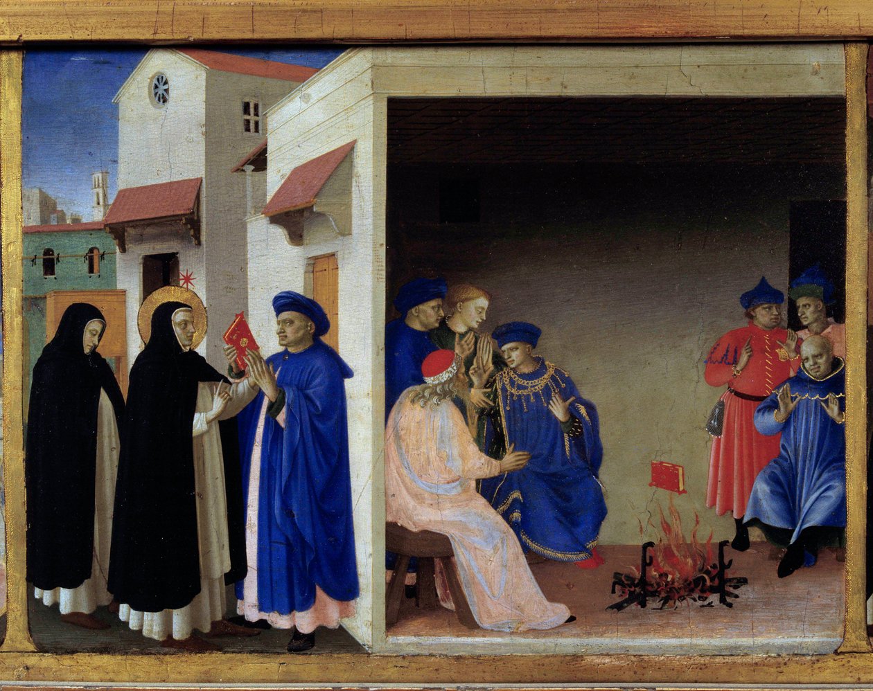 Predelle korunovace Panny Marie: Zázrak knihy sesílá k Albigees. Svatá Dominika vyvrací katarskou herezi. Detrempe na dřevě od Guida di Pietro (nebo Fra Giovanni da Fiesole) dit Fra Angelico nebo il Beato (1400-1455). muzeum Louvre od Fra  Angelico