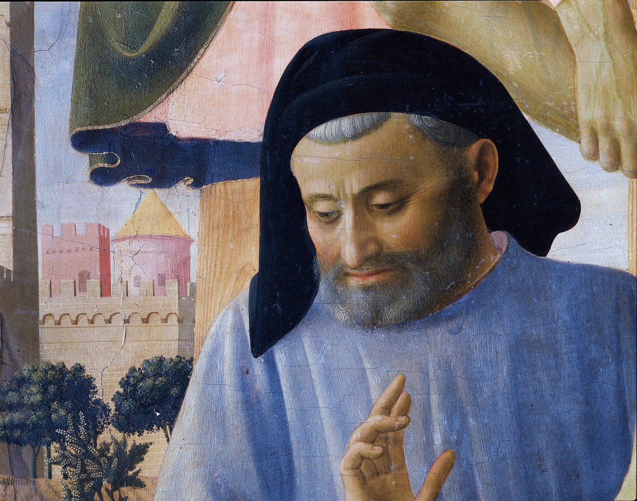 Předpokládaný portrét architekta Michelozza Michelozziho. Detail Depozice Krista nebo oltář Nejsvětější Trojice (tempera na dřevě od Fra  Angelico