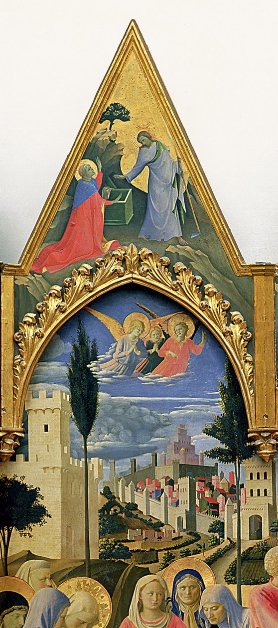 Oltář Santa Trinita, rám a vrcholy od Lorenza Monaca (Piero di Giovanni) (asi 1370-1425) dokončeno kolem roku 1434 (tempera a zlato na panelu) (detail 43967) od Fra  Angelico
